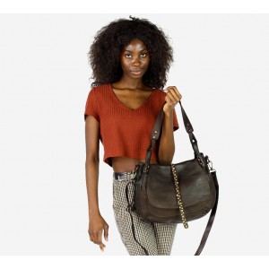 Damen Schultertasche Umhängetasche Leder Schwarz & Beige im BOHO Stil mit nieten